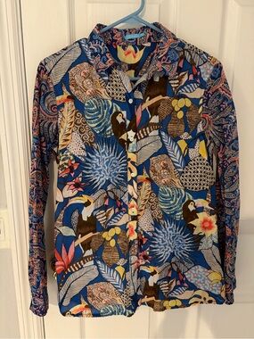Women’s J McLaughlin Cotton Blue Tropical Print Button-Up Blouse size XS